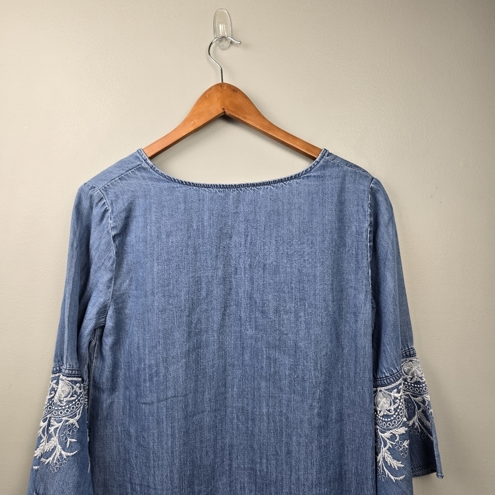 Coastal Western Short Denim Dress Embroidered Ruffle Flared Sleeve Womens Sz M - Picture 8 of 13